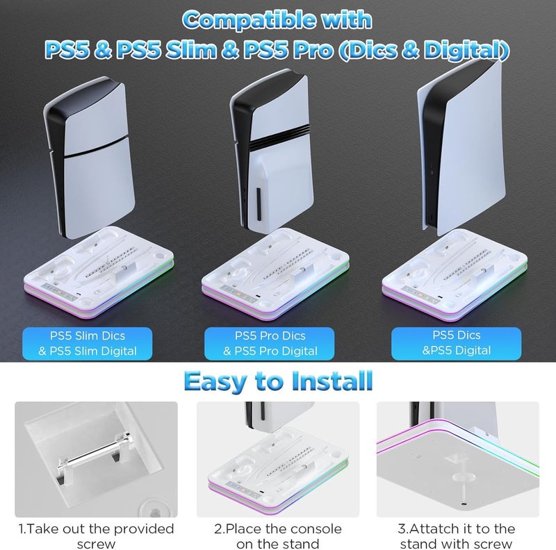 Excefore PS5/PS5 Slim/PS5 Pro Stand & Cooling Station with RGB Light | Charging Dock for PS Portal, DualSense & Edge Controllers | Secure Vertical Holder & Cooling Fan for PS5 Accessories - Image 3