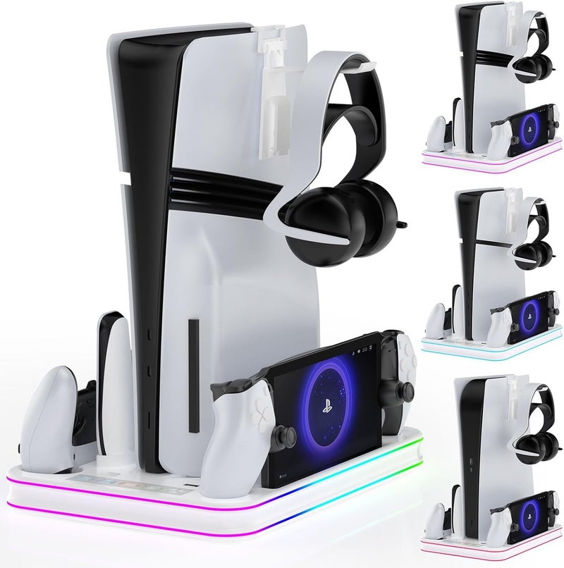 Excefore PS5/PS5 Slim/PS5 Pro Stand & Cooling Station with RGB Light | Charging Dock for PS Portal, DualSense & Edge Controllers | Secure Vertical Holder & Cooling Fan for PS5 Accessories - Image 1