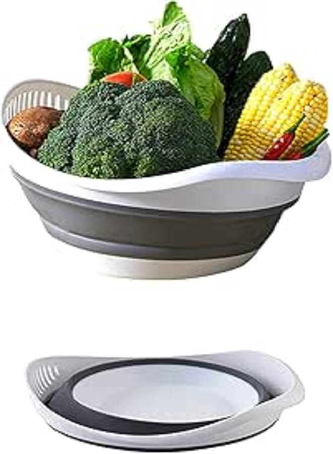 DLD 5 Quart Collapsible Colander - BPA Free Silicone Food Strainer with Plastic Handles - Heavy Duty Foldable Heat Resistant Pasta and Veggies Kitchen Drainer Steam Basket - Dishwasher Safe - Gray
