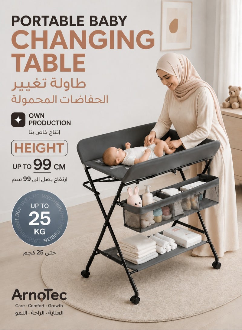 ARNOTEC طاولة تغيير الأطفال المحمولة بعجلات، محطة تغيير قابلة للطي بارتفاع قابل للتعديل للرضع، طاولة تغيير حفاضات مقاومة للماء مع منظم تخزين وسكة أمان لحديثي الولادة (رمادي) - Image 1