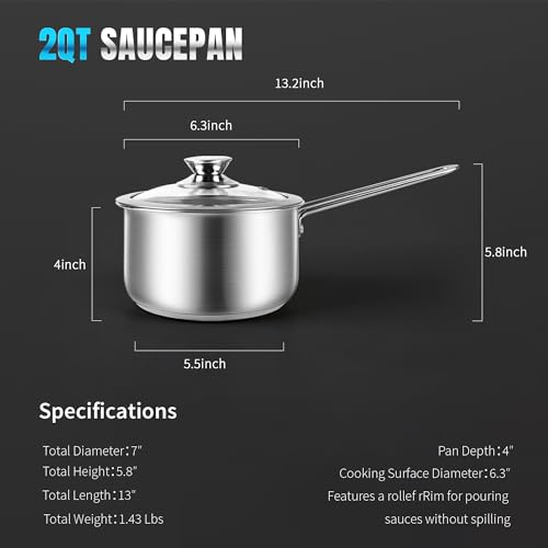 AuFranc® 2 Quart Tri-ply Stainless Steel Saucepan with Glass Lid, Induction Sauce Pan Compatible with All Cooktops, Non-Toxic Sauce Pot with Stay Cool Handle, Oven & Dishwasher Safe (Silver) - Image 2