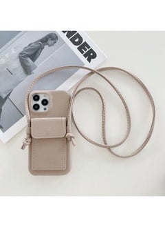 Japan And South Korea Card Case Crossing IPhone16 Phone Case Apple 15pro Max/13/X/7 Leather Phone Case-Color:Lychee Pattern Ear Card Holder Lanyard Khaki-Applicable Model:iPhone16e