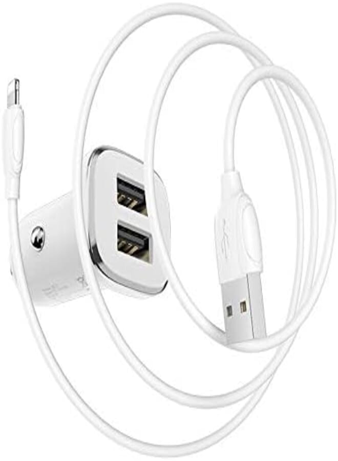Borofone BZ12 Lasting power double port in-car charger set(Lightning) - white