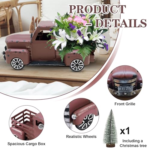 Fleecy day Metal Truck Decor with Handcrafted Flowers Tree, Vintage Farm Pickup Farmhouse Tabletop Tiered Tray Decor, Rustic Farmhouse Decor for Table Top Decor Home Kitchen(Wine Red) - Image 3