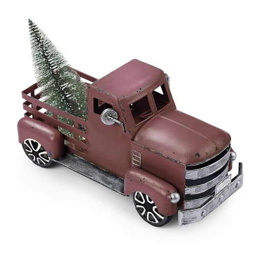 Fleecy day Metal Truck Decor with Handcrafted Flowers Tree, Vintage Farm Pickup Farmhouse Tabletop Tiered Tray Decor, Rustic Farmhouse Decor for Table Top Decor Home Kitchen(Wine Red) - Image 1