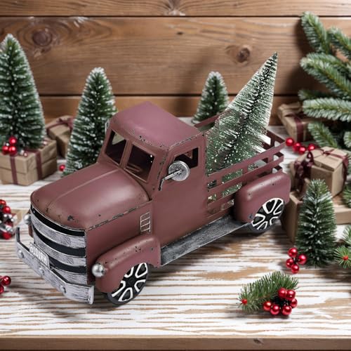 Fleecy day Metal Truck Decor with Handcrafted Flowers Tree, Vintage Farm Pickup Farmhouse Tabletop Tiered Tray Decor, Rustic Farmhouse Decor for Table Top Decor Home Kitchen(Wine Red) - Image 4