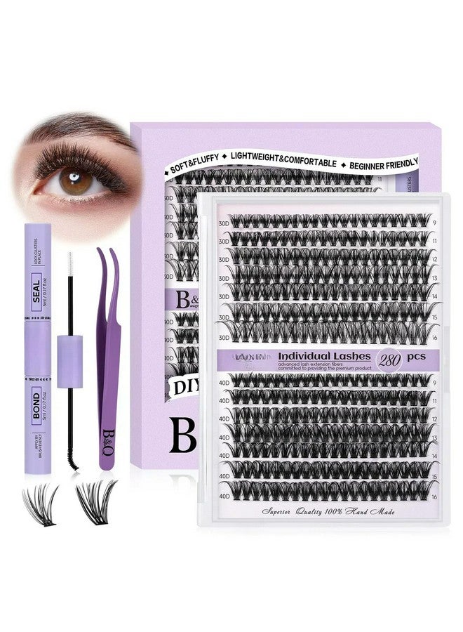 B&qaugen Diy Lash Extension Kit 280Pcs Individual Lashes Cluster D Curl Eyelash Extension Kit Lash Clusters With Lash Bond And Seal And Lash Applicator Tool For Self Application (Kit,30D+40D-9-16Mix) - Image 1