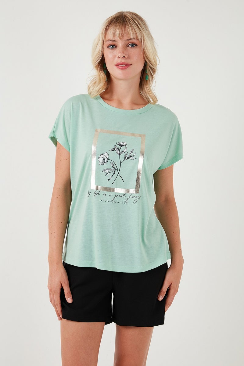 Lela Printed Crew Neck Regular Fit T Shirt Women's T Shirt 6671006  - Image 4