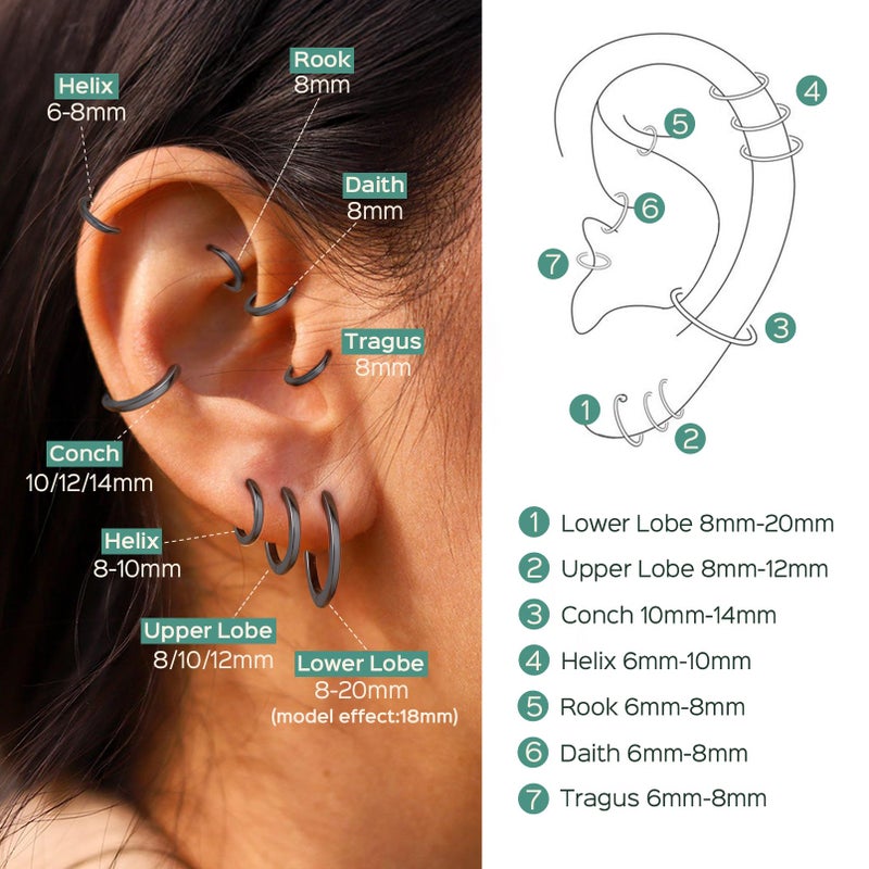 ChicSilver Black Huggie Hoop Earrings for Women 925 Sterling Silver Hoop Earrings Small Hypoallergenic Tiny Huggie Earrings 8MM Mini Cartilage Earrings - Image 2