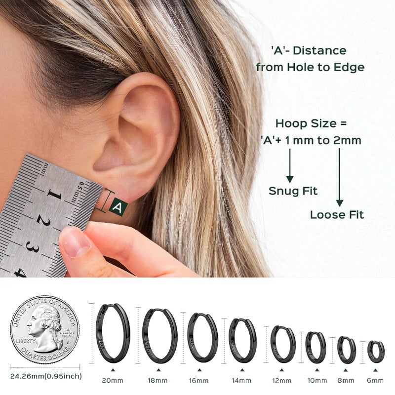 ChicSilver Black Huggie Hoop Earrings for Women 925 Sterling Silver Hoop Earrings Small Hypoallergenic Tiny Huggie Earrings 8MM Mini Cartilage Earrings - Image 3