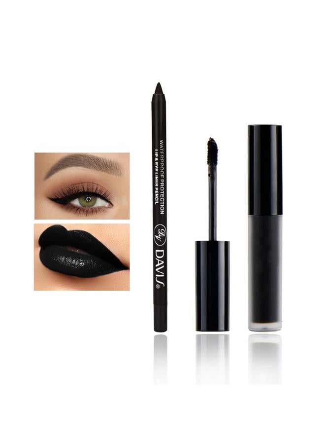 CAHIUYOA Black Matte Lipstick Lip Liner Set,Black Liquid Lipstick Lip Gloss Smudge Proof for Halloween Cosplay Goth Makeup,Waterproof and Long Lasting Black Lip Liner and Lipstick Set - Image 1