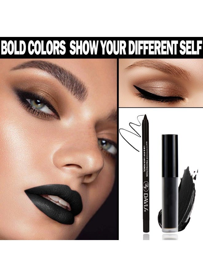 CAHIUYOA Black Matte Lipstick Lip Liner Set,Black Liquid Lipstick Lip Gloss Smudge Proof for Halloween Cosplay Goth Makeup,Waterproof and Long Lasting Black Lip Liner and Lipstick Set - Image 2