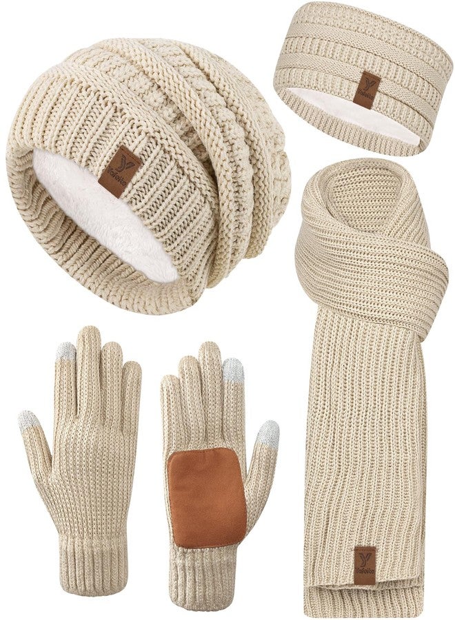 Yafeite Women Beanie Scarf Gloves Headband Set, Winter Fleece Lined Hat Ear Warmer Knit Scarf Women Gloves Gift Set 4 in 1 - Image 1