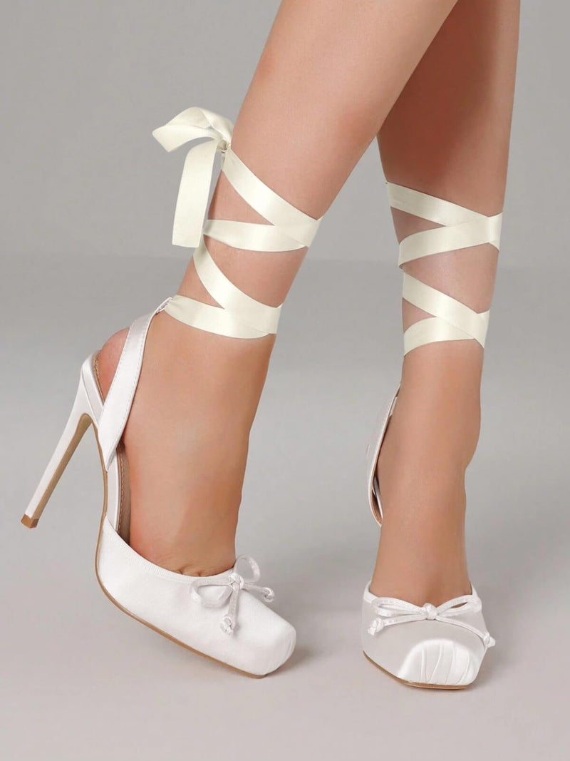 Coutgo Womens Ballet High Heels Satin Closed Square Toe Ballerina Heels Lace Up Bow Pumps Prom Shoes, White, Size 8 - Image 3