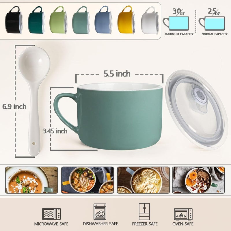 Wareland Soup Bowls with Handles Spoons 30oz Ceramic Ramen Bowl with Lid Large Soup MugsCups for Instant Noodle Big Cereal Bowls for Oatmeal Soup Containers with Lids Set of 2 Teal Blue - Image 2