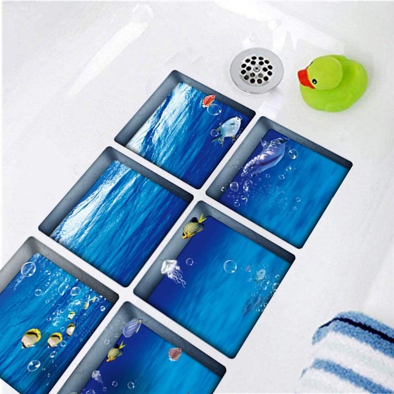 ChezMax Goldfish Non Slip Bathtub Stickers, Adhesive Anti Slip Shower Floor Stickers Bath Tub Decals Treads Safety Waterproof Bathtub Grip Appliques Tattoos, 6 Pcs 3D Sea Design, Square 5.1" X 5.1" - Image 1