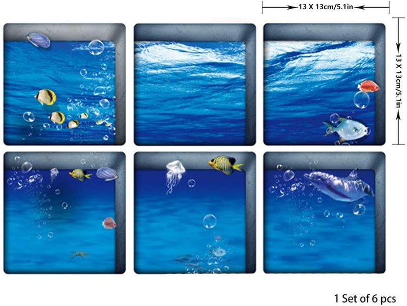 ChezMax Goldfish Non Slip Bathtub Stickers, Adhesive Anti Slip Shower Floor Stickers Bath Tub Decals Treads Safety Waterproof Bathtub Grip Appliques Tattoos, 6 Pcs 3D Sea Design, Square 5.1" X 5.1" - Image 2
