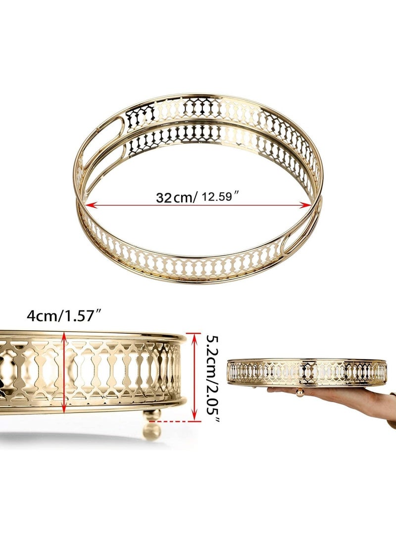 صينية مرآة، طبق عشاء منزلي، صينية تخزين مرآة معدنية، صينية فواكه لطاولة القهوة وغرفة المعيشة، مرآة وصينية معدنية للشاي، لتزيين صينية ذهبية مضادة (دائرية) - Image 3