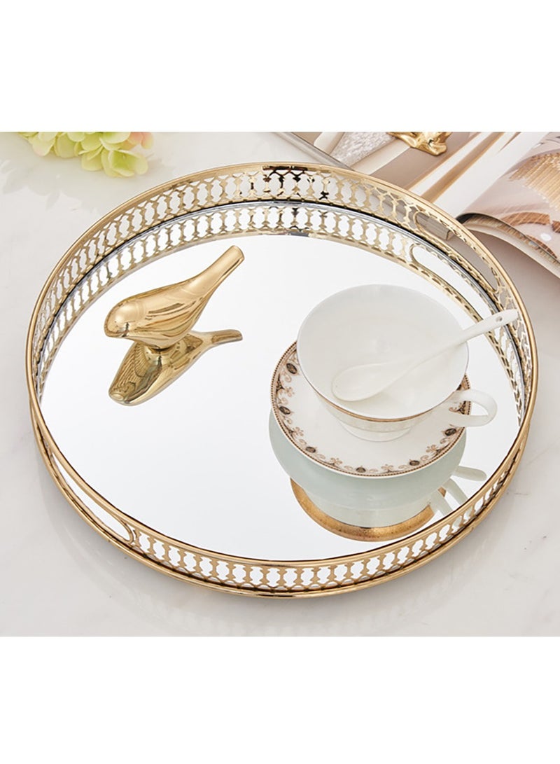 صينية مرآة، طبق عشاء منزلي، صينية تخزين مرآة معدنية، صينية فواكه لطاولة القهوة وغرفة المعيشة، مرآة وصينية معدنية للشاي، لتزيين صينية ذهبية مضادة (دائرية) - Image 1