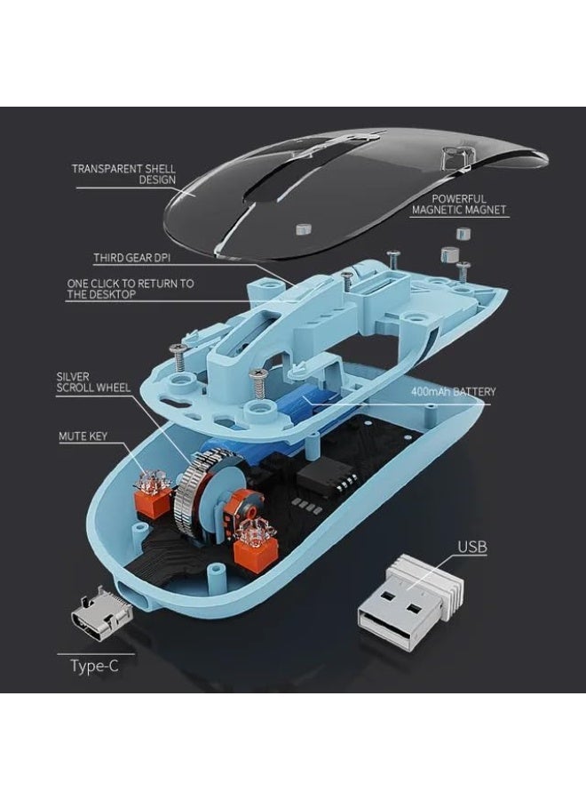 Transparent mouse, Bluetooth 5.2 and 2.4GHz, rechargeable Type-C, RGB wireless mouse, wireless optical gaming mouse, large 400mAh battery, rechargeable wireless mouse - Image 4