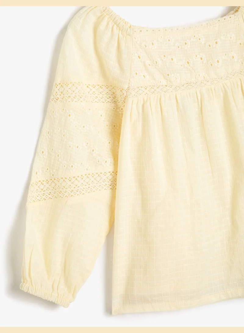 كوتون Blouse Long Sleeve Flower Embroidered Cutwork Detail Elastic Cuffs Cotton