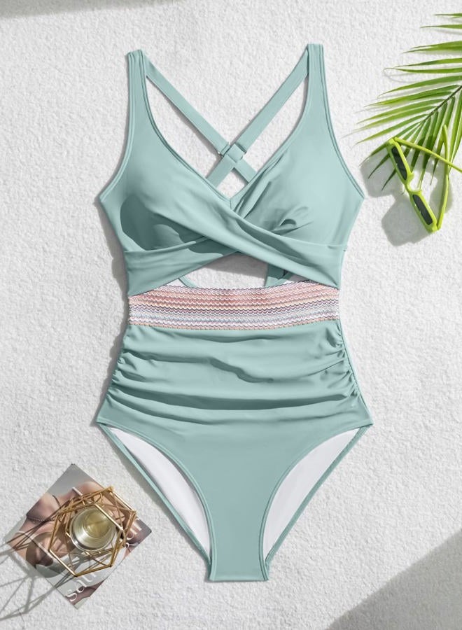 B2prity One Piece Swimsuit for Women Tummy Control V Neck Bathing Suit Color Block High Waisted Cutout Swimwear, Light Green, M - Image 5