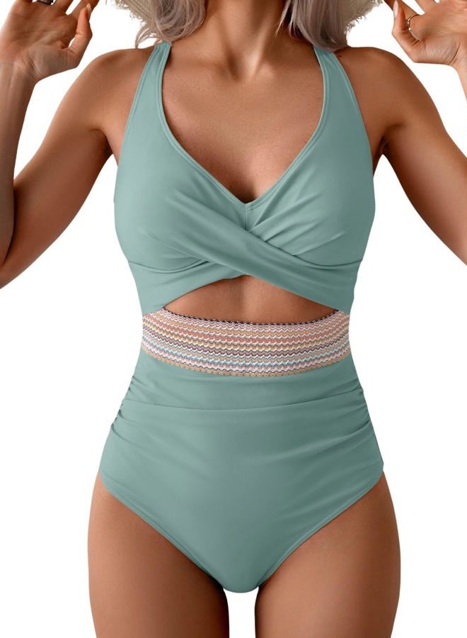 B2prity One Piece Swimsuit for Women Tummy Control V Neck Bathing Suit Color Block High Waisted Cutout Swimwear, Light Green, M - Image 1