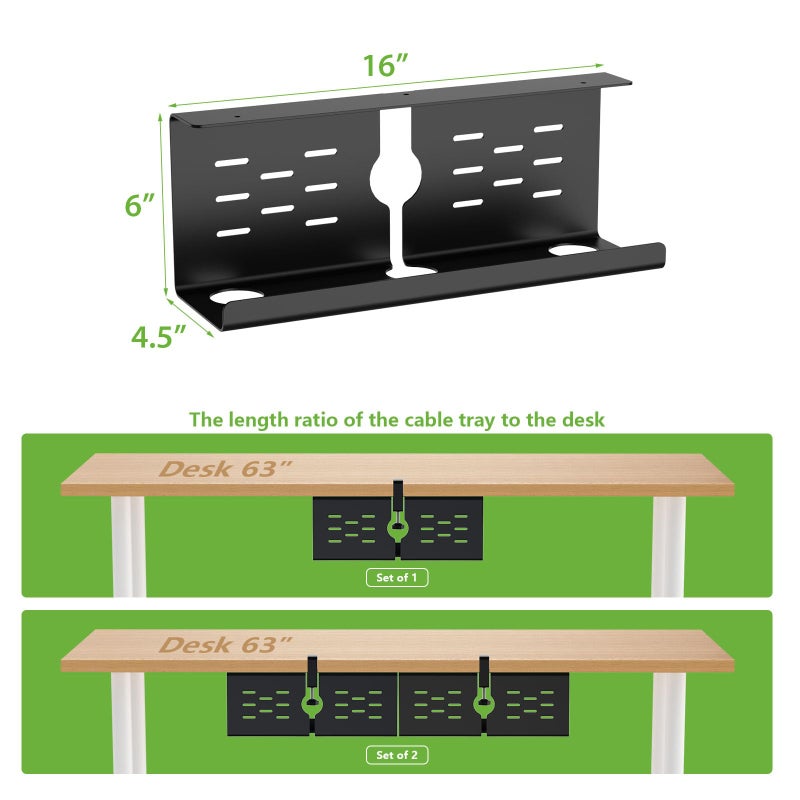 KEEGH 16" Under Desk Cable Management Tray, 2 Pack Desk Cord Organizer Upgrade Capacity, No Drill Clamp/Screws Mount, Cord Management Tray for Home Office, Gaming Desk, Standing Desk, Black - Image 5