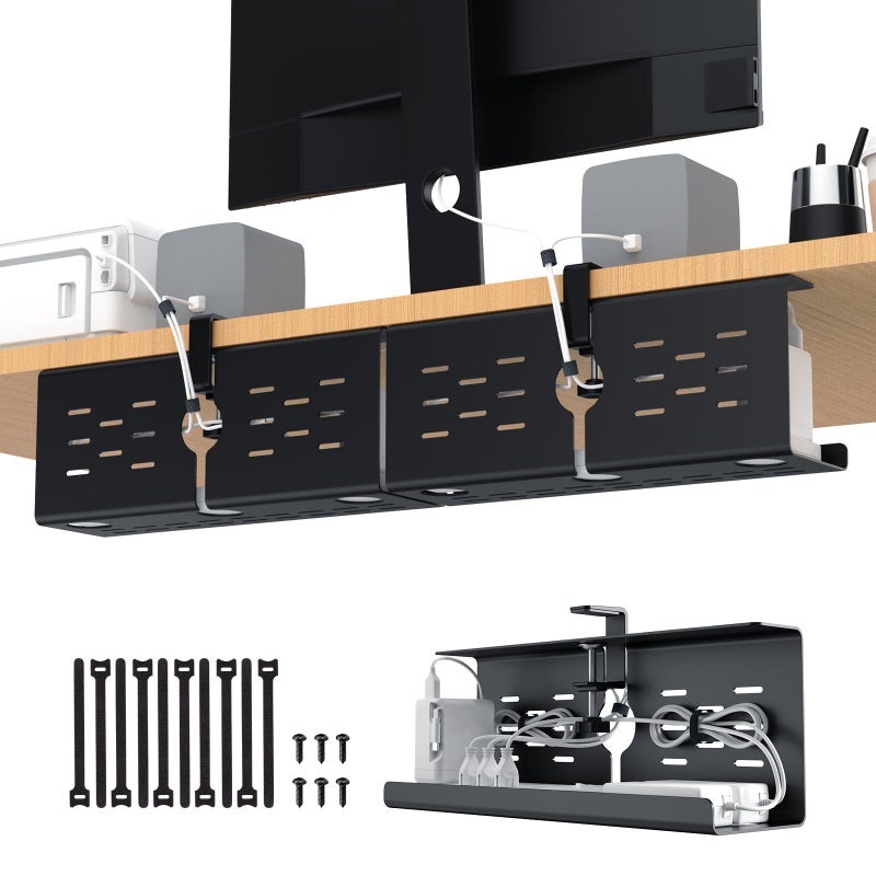 KEEGH 16" Under Desk Cable Management Tray, 2 Pack Desk Cord Organizer Upgrade Capacity, No Drill Clamp/Screws Mount, Cord Management Tray for Home Office, Gaming Desk, Standing Desk, Black - Image 1