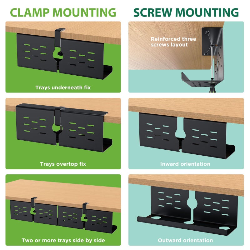 KEEGH 16" Under Desk Cable Management Tray, 2 Pack Desk Cord Organizer Upgrade Capacity, No Drill Clamp/Screws Mount, Cord Management Tray for Home Office, Gaming Desk, Standing Desk, Black - Image 2