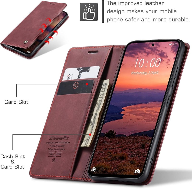 CaseMe Wallet Case for Xiaomi Redmi Note 14 4G, Premium Retro PU Leather Flip Cover with 2 Card Slots, Cash Pocket, Magnetic Closure, Kickstand Stand, Shockproof Protective Phone Case - Red - Image 3