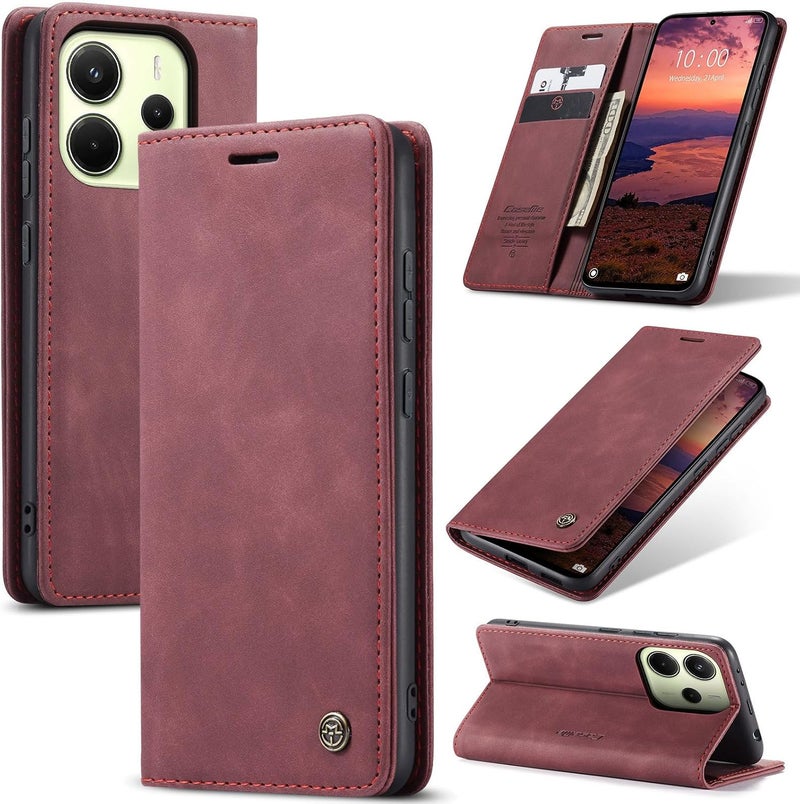 CaseMe Wallet Case for Xiaomi Redmi Note 14 4G, Premium Retro PU Leather Flip Cover with 2 Card Slots, Cash Pocket, Magnetic Closure, Kickstand Stand, Shockproof Protective Phone Case - Red - Image 1