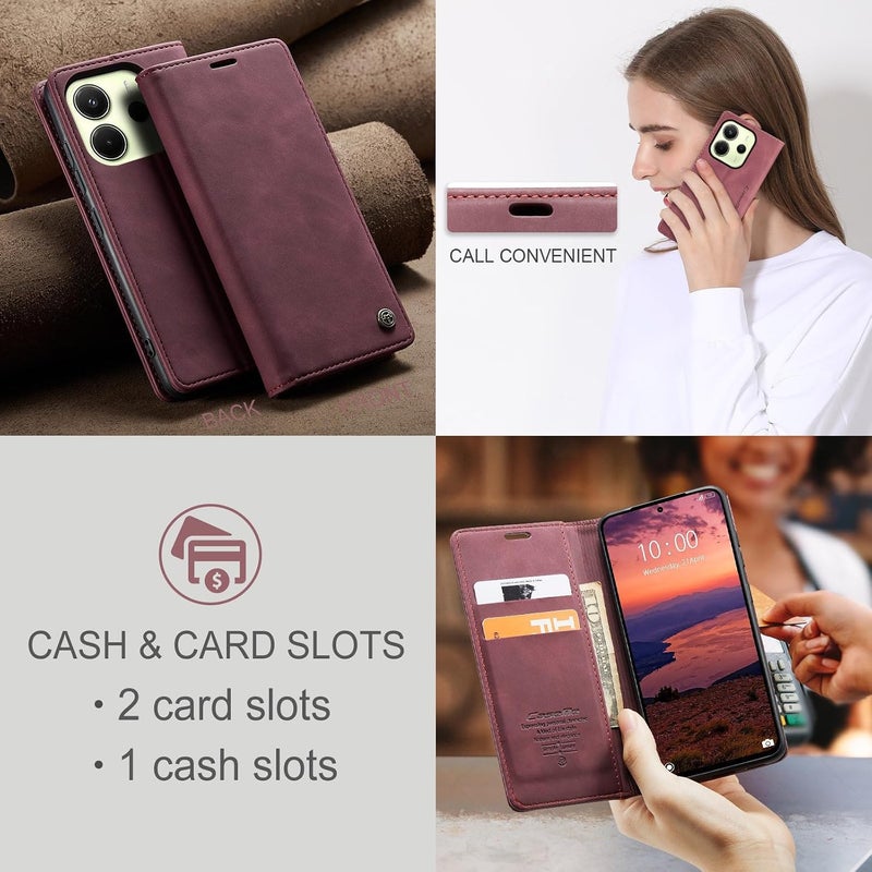 CaseMe Wallet Case for Xiaomi Redmi Note 14 4G, Premium Retro PU Leather Flip Cover with 2 Card Slots, Cash Pocket, Magnetic Closure, Kickstand Stand, Shockproof Protective Phone Case - Red - Image 4