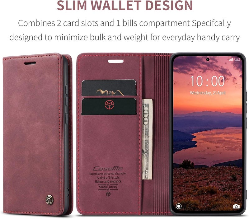 CaseMe Wallet Case for Xiaomi Redmi Note 14 4G, Premium Retro PU Leather Flip Cover with 2 Card Slots, Cash Pocket, Magnetic Closure, Kickstand Stand, Shockproof Protective Phone Case - Red - Image 2