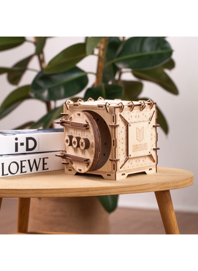 DROVO - Wooden 3D Puzzle Safe with Mechanical Code Lock – DIY Geared Piggy Bank Model Kit for Kids & Adults | Secret Gift Box Puzzle from Laser-Cut Wood - Image 1