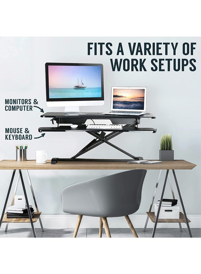 فلاشهوك حامل شاشة قابل لتعديل الارتفاع، حامل مكتبي مقاس 32 بوصة، حامل شاشة مزدوج على سطح الطاولة للمكتب المنزلي مع صينية لوحة مفاتيح، أسود - Image 5