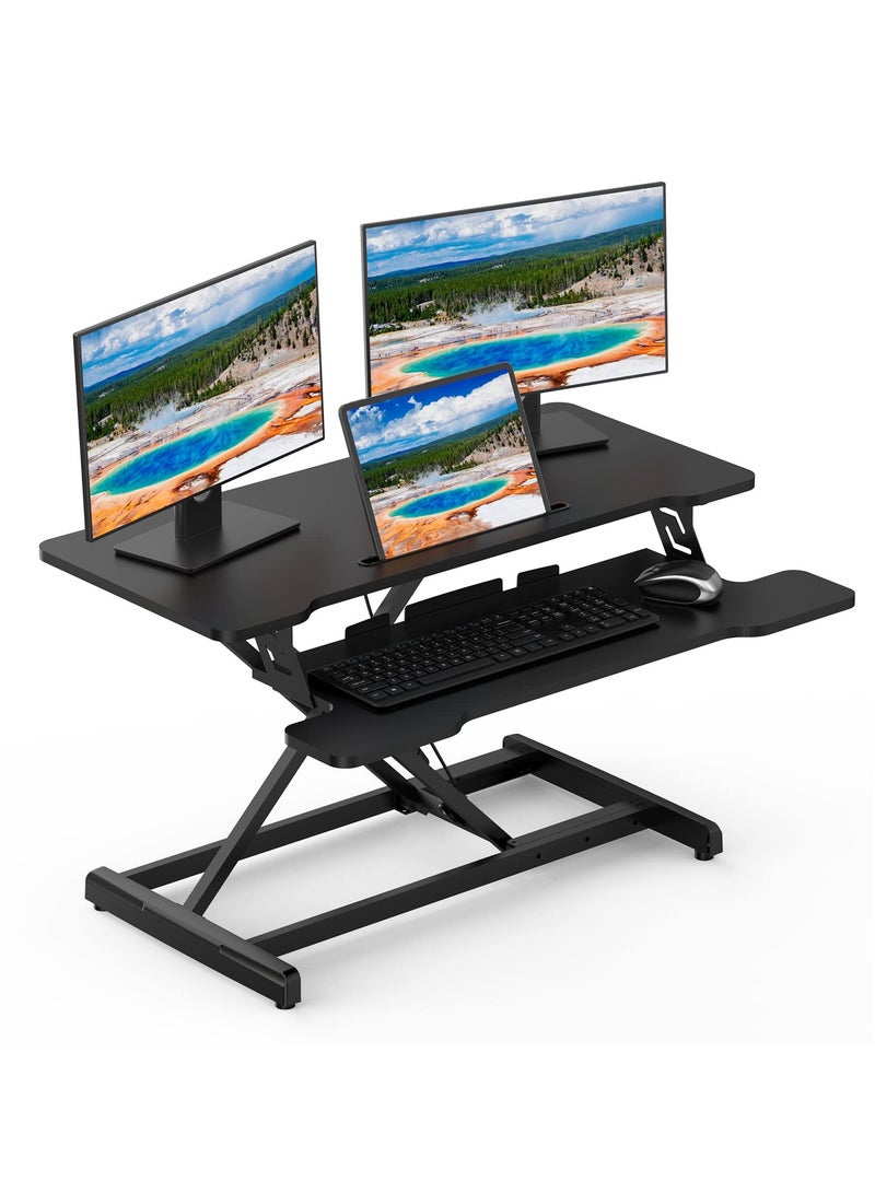 فلاشهوك حامل شاشة قابل لتعديل الارتفاع، حامل مكتبي مقاس 32 بوصة، حامل شاشة مزدوج على سطح الطاولة للمكتب المنزلي مع صينية لوحة مفاتيح، أسود - Image 1