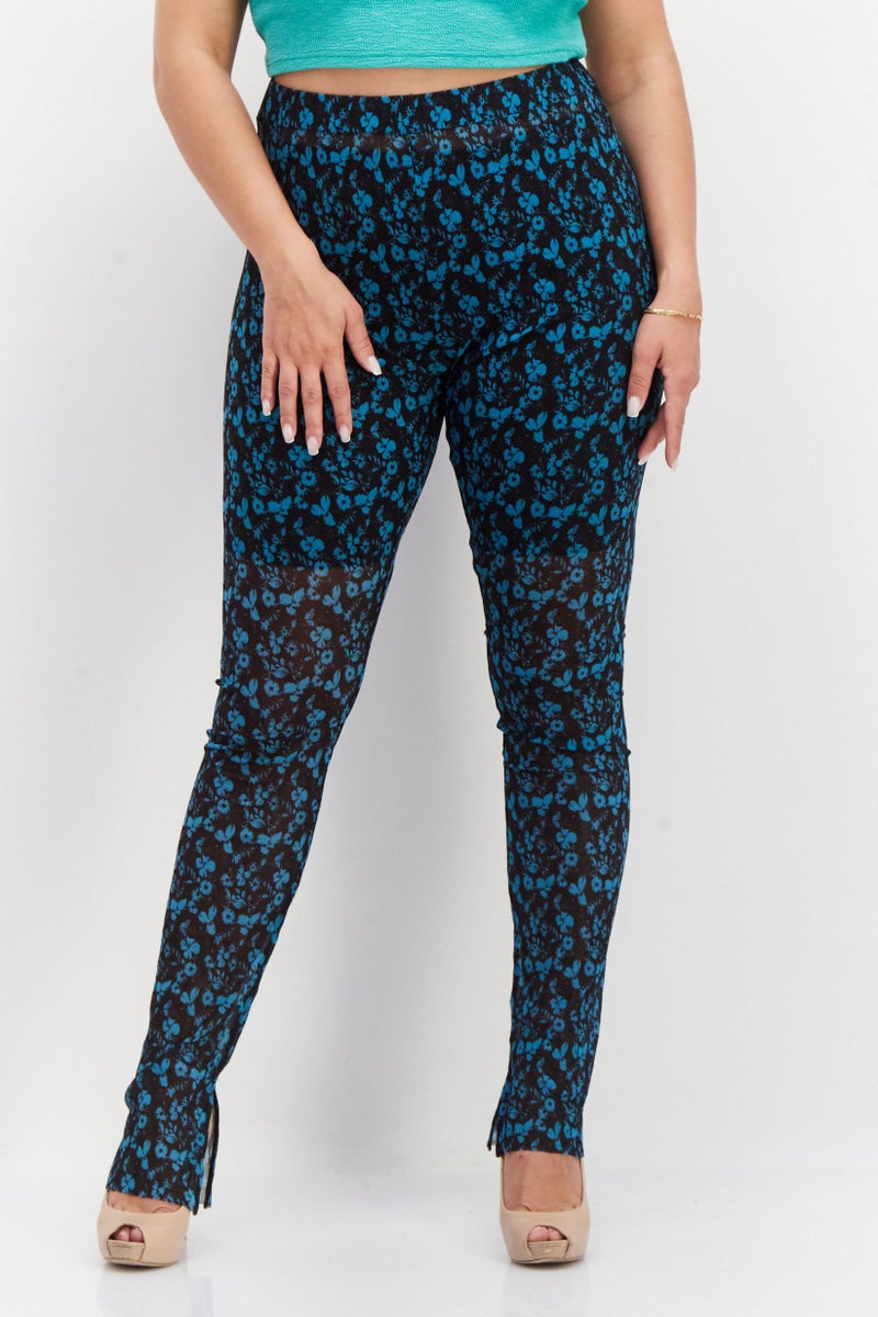 Women Floral Print Pull On Mesh Leggings, Teal Blue
