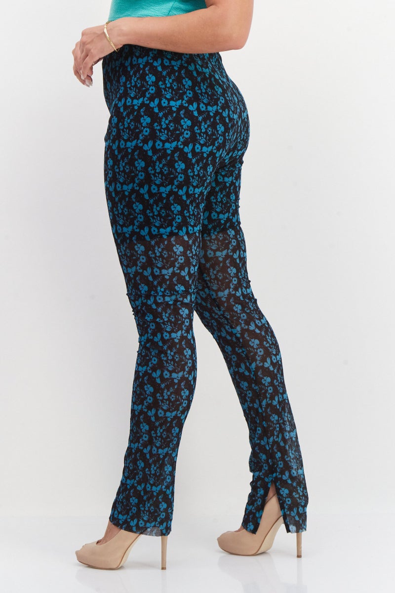 Women Floral Print Pull On Mesh Leggings, Teal Blue