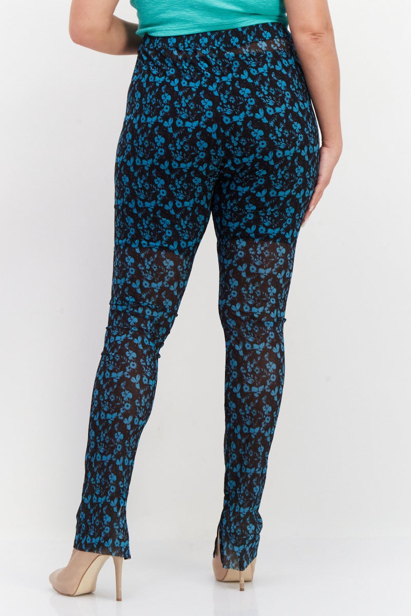 Women Floral Print Pull On Mesh Leggings, Teal Blue