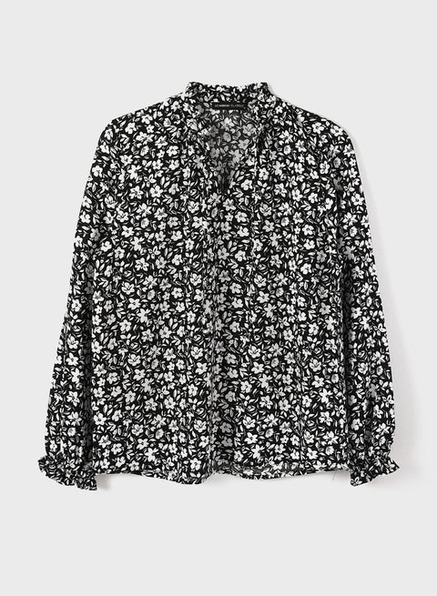 Tie Neck Flower Long Sleeve Women's Blouse