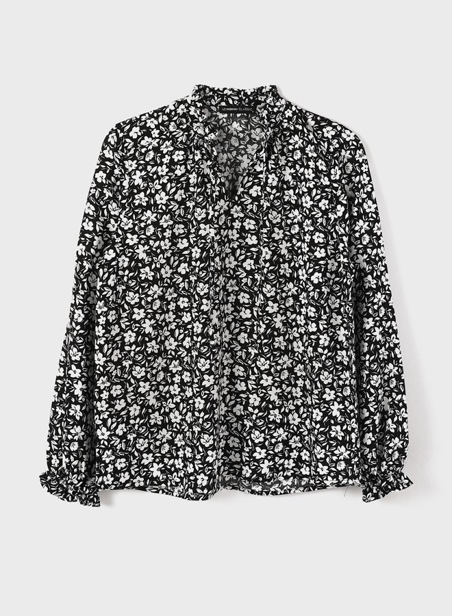Tie Neck Flower Long Sleeve Women's Blouse