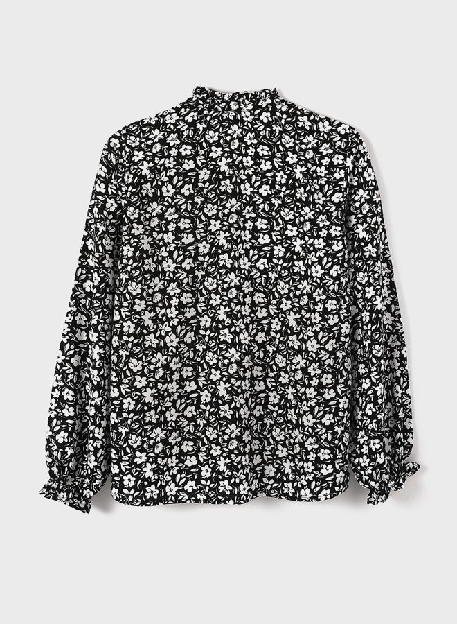 Tie Neck Flower Long Sleeve Women's Blouse