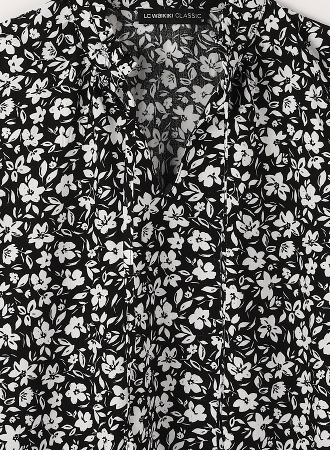Tie Neck Flower Long Sleeve Women's Blouse