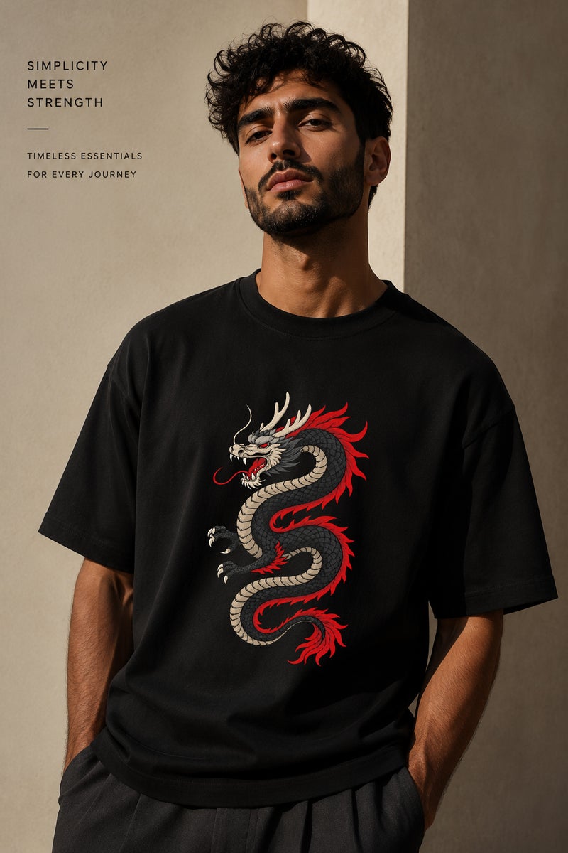 Men's Oversized Black Dragon Graphic T-Shirt Casual Short Sleeve Crew Neck Streetwear Tee - Image 1