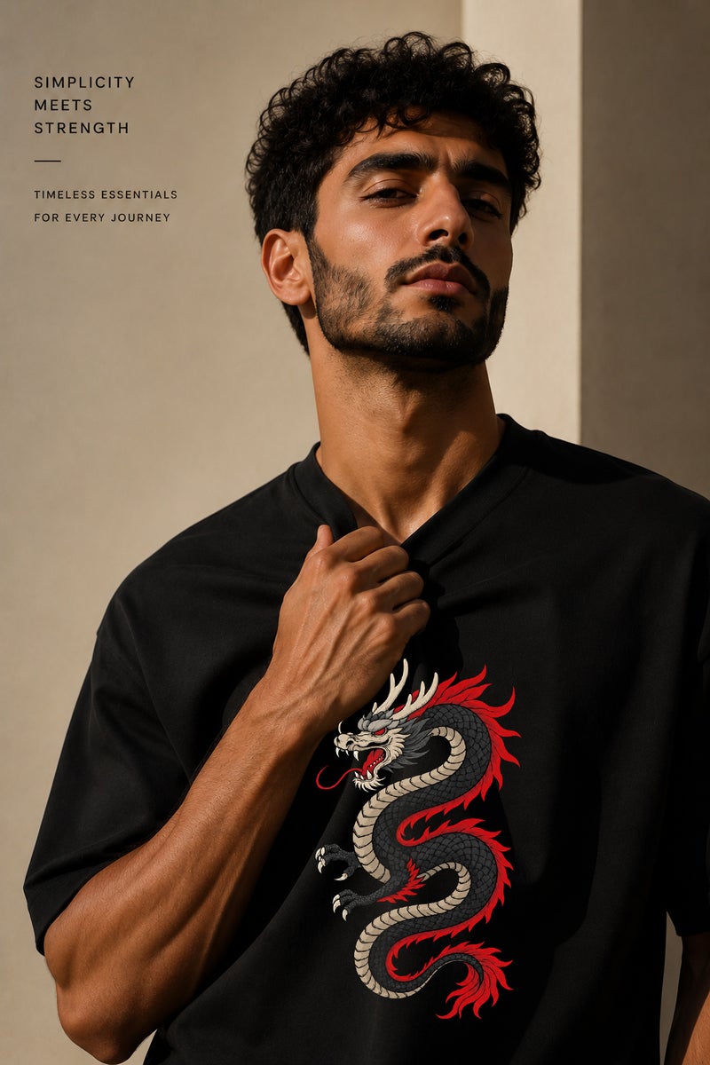 Men's Oversized Black Dragon Graphic T-Shirt Casual Short Sleeve Crew Neck Streetwear Tee - Image 5