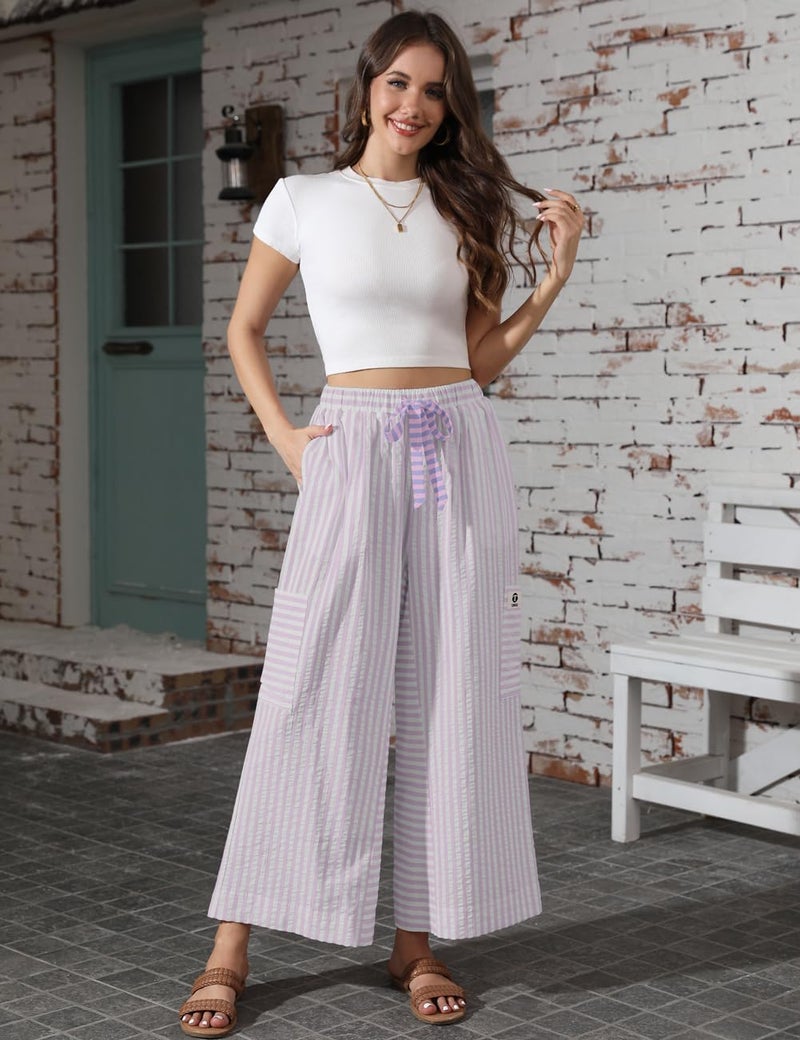 TARSE Womenâ€™s Striped Wide Leg Pants Drawstring Casual Boho Palazzo Pants Loose Lounge Beach Vacation Trousers(PinkWhite, M) - Image 2