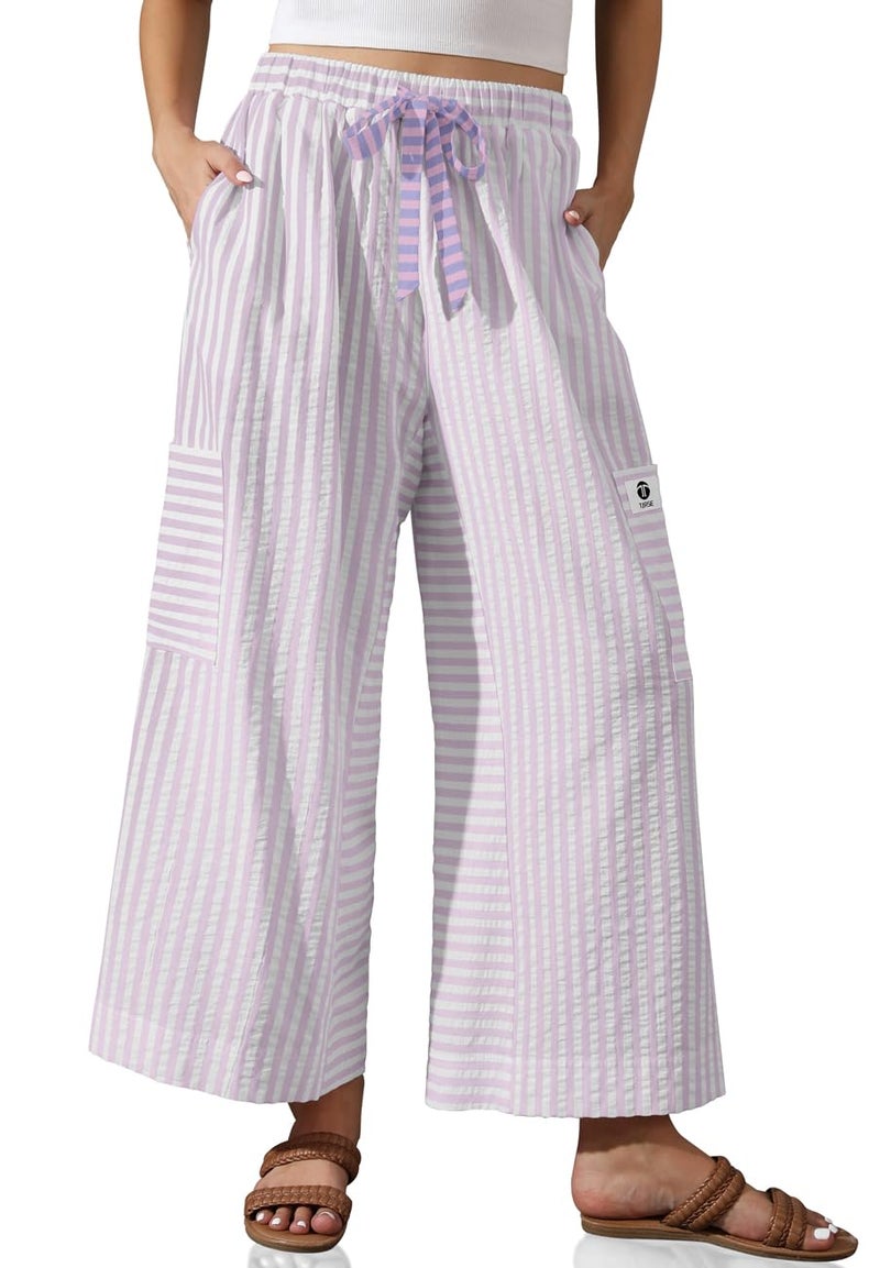 TARSE Womenâ€™s Striped Wide Leg Pants Drawstring Casual Boho Palazzo Pants Loose Lounge Beach Vacation Trousers(PinkWhite, M) - Image 1