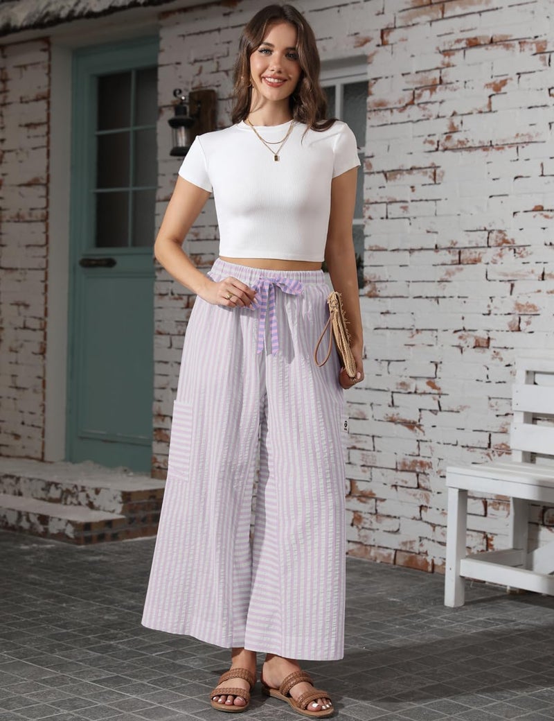 TARSE Womenâ€™s Striped Wide Leg Pants Drawstring Casual Boho Palazzo Pants Loose Lounge Beach Vacation Trousers(PinkWhite, M) - Image 4