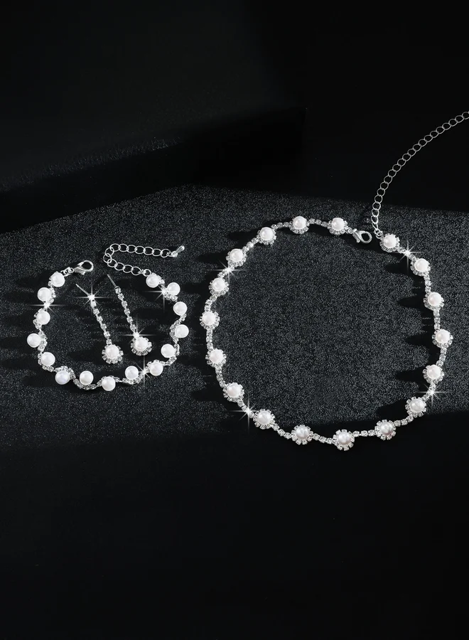 Take Two Faux Pearl Rhinestone Necklace with Bracelet and Earrings Set